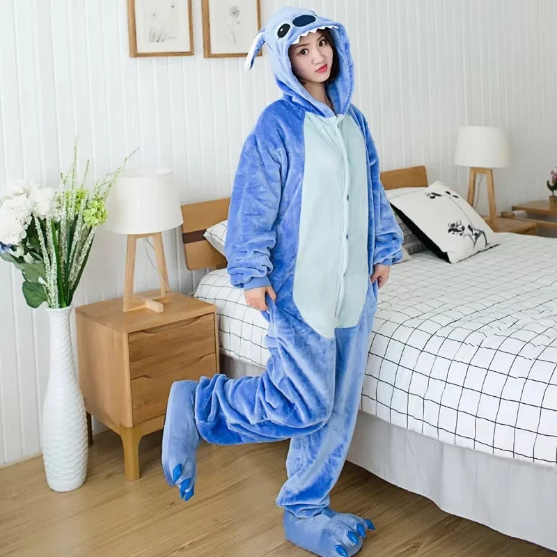 Disney Stitch Winter Adult Jumpsuit Men's and Women's Sleepwear Set Integrated Halloween Christmas Hooded Cartoon Jumpsuit