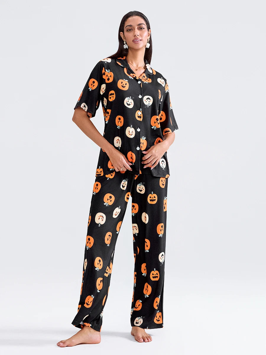 Women Halloween Pajama Set Pumpkin Print Short Sleeve Button Closure Shirt with Pants Sleepwear Loungewear