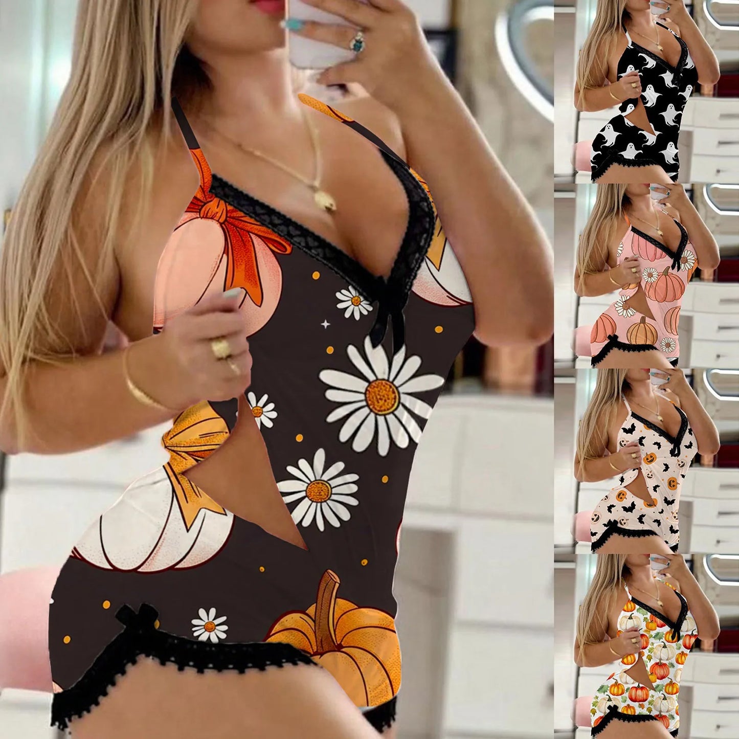 Halloween Sexy Sleepwear 2 Piece Set Women Sleeveless Crop Top Gothic Pumpkin Printed Tops Camisole Shorts Lingerie Nightwear