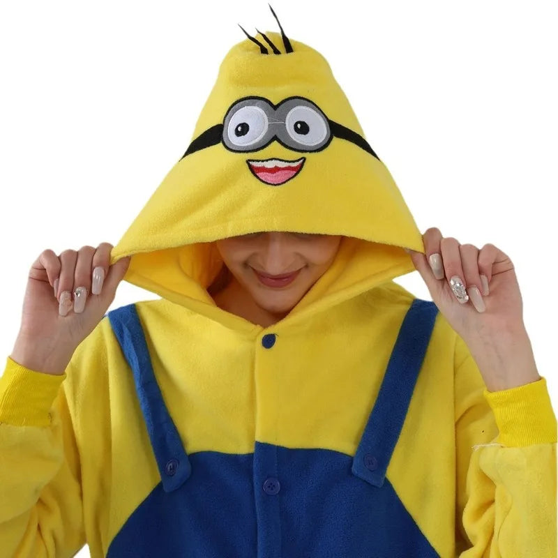 Anime Cartoon Jumpsuit Minions Fleece Pajamas Adult Home Clothes Halloween Costume Dress Up Party Clothing Surprise Gift