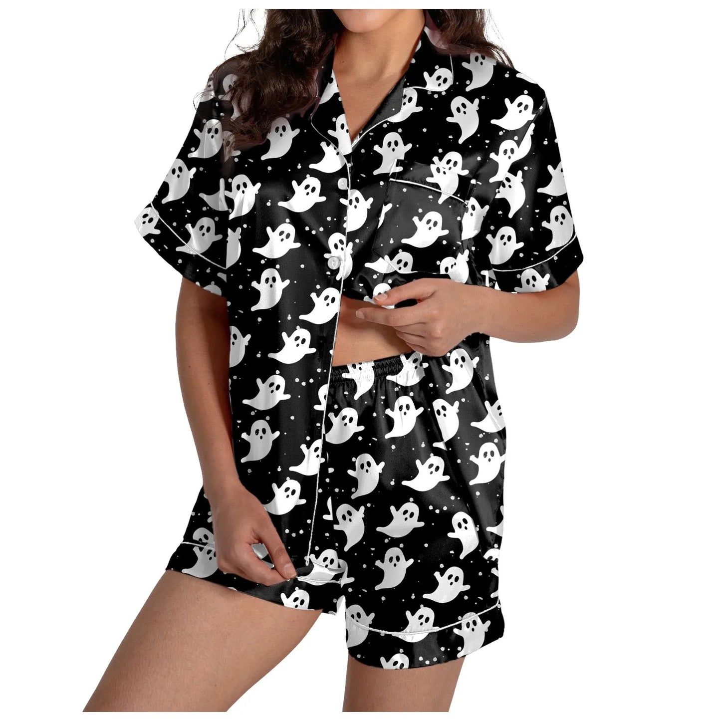 Women Halloween Pajama Set Ghost Pumpkin Print Short Sleeve Button Closure Top with Shorts 2 Pieces Outfits Sleepwear Loungewear