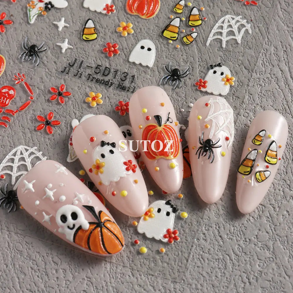 5D Embossed Ghost Nail Art Stickers Halloween Cartoon Pumpkin Skull Nail Decals Spider Web Daisy Sliders For Manicure NTJI-5D131