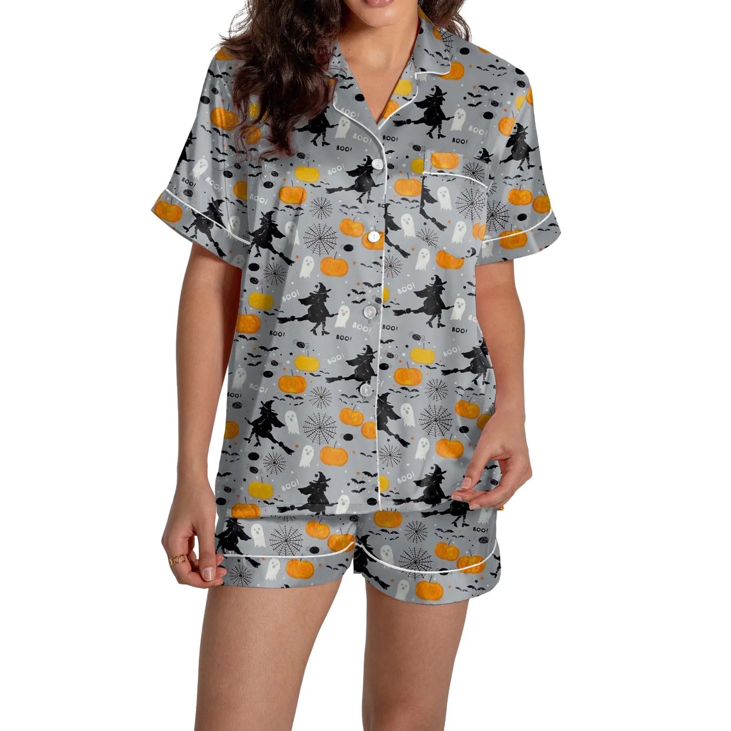 Women Halloween Pajama Set Ghost Pumpkin Print Short Sleeve Button Closure Top with Shorts 2 Pieces Outfits Sleepwear Loungewear