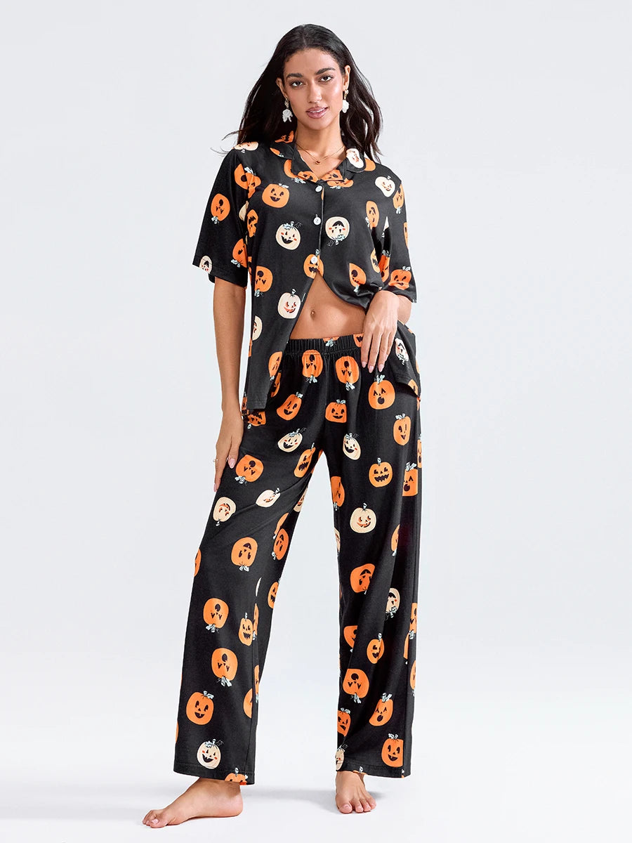 Women Halloween Pajama Set Pumpkin Print Short Sleeve Button Closure Shirt with Pants Sleepwear Loungewear