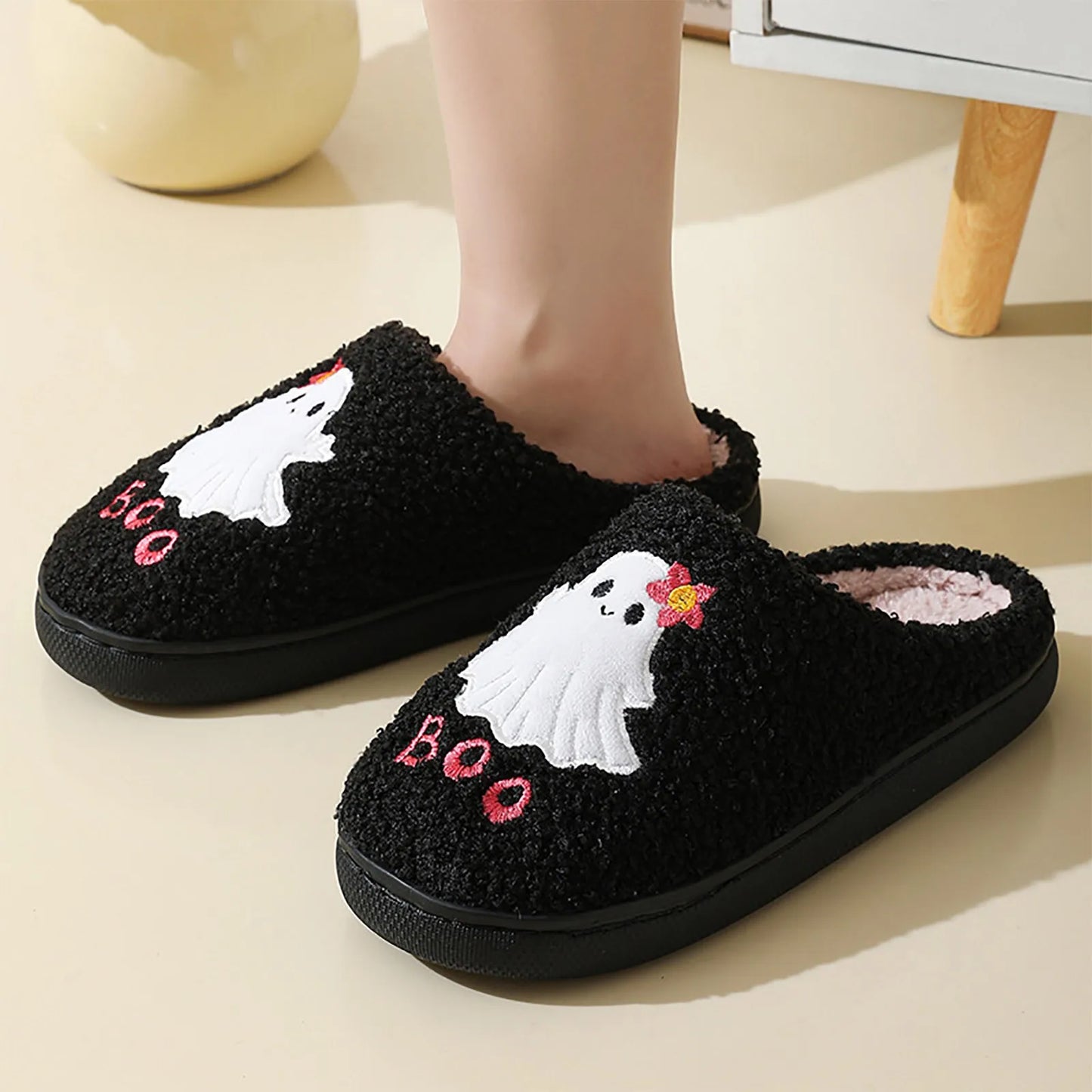 New Slippers for Women Halloween Cute Ghost Boo Print Cotton Warm Fluffy Slippers Home Platform Plush No-slip Women Home Slipper