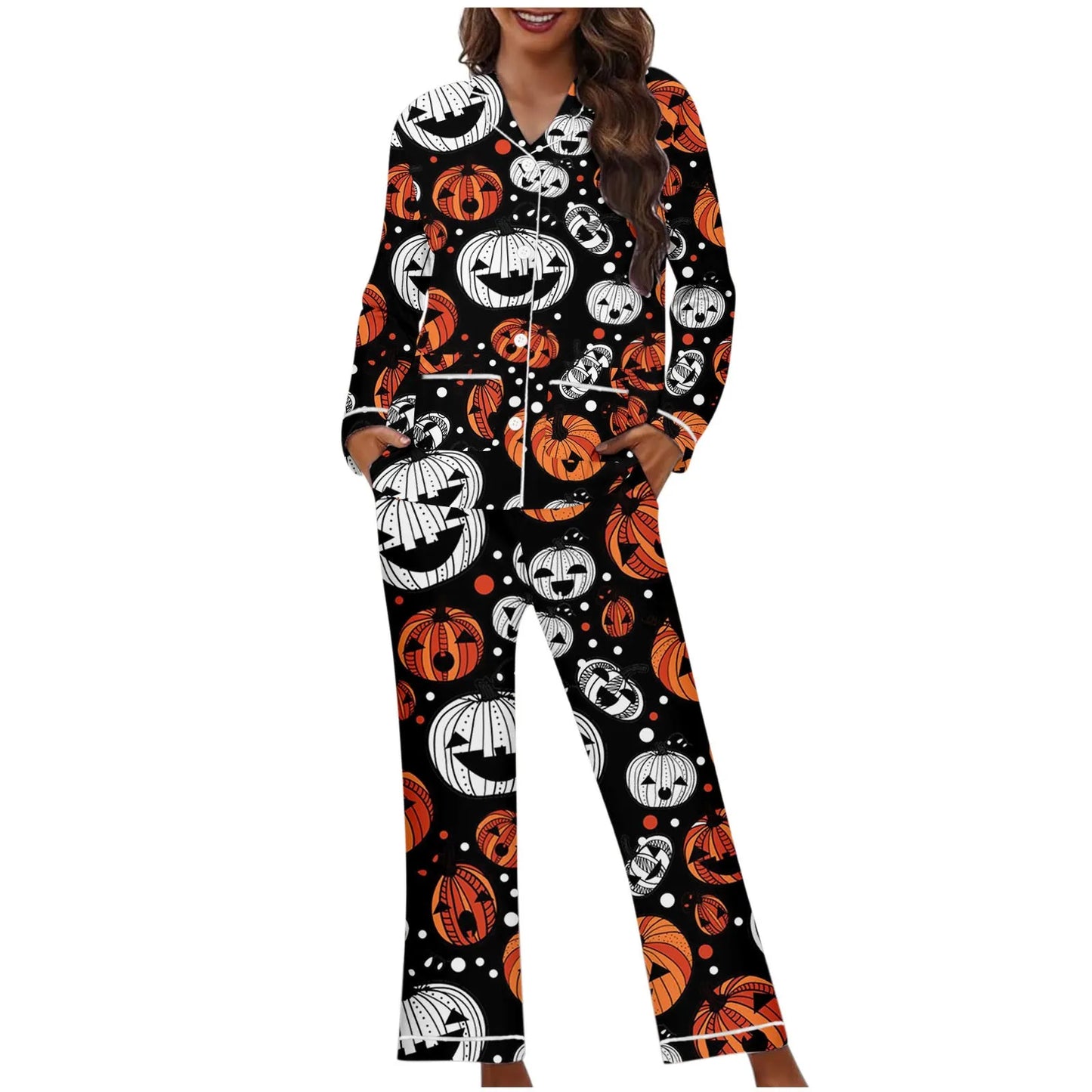 Women Halloween 2 Pieces Pajama Set Pumpkin Print Short Sleeve Button Closure Shirt with Pants Autumn Sleepwear Loungewear