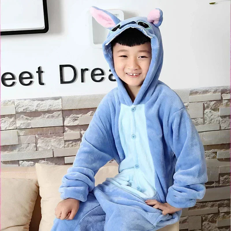 2024 Disney Stitch Pajama Anime Cartoon Cute Kids Flannel Costumes for Boys and Girls Cosplay Halloween Hooded Pajama Sets