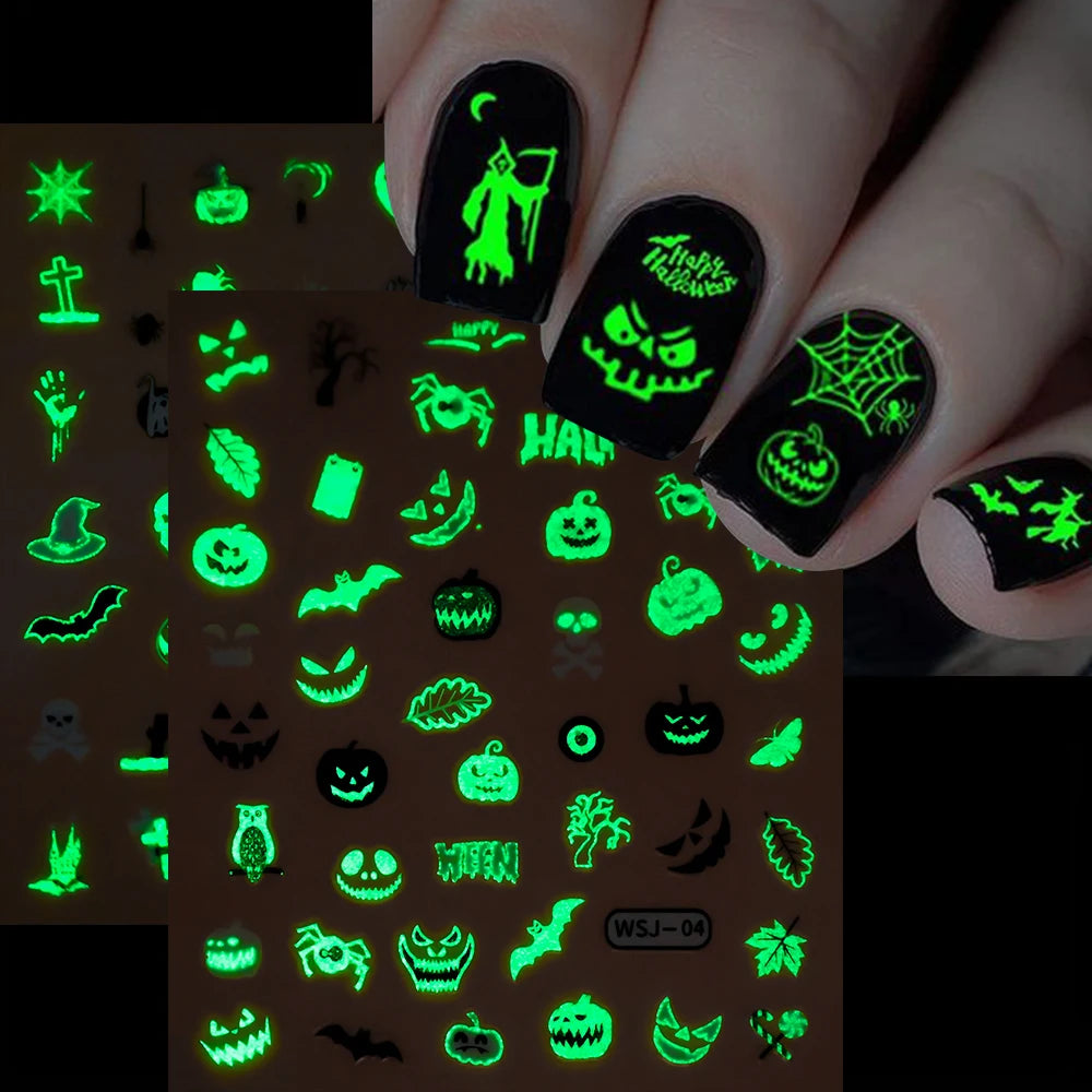 1PCS Glow In The Dark Halloween Nail Art Sticker Luminous 3D Adhesive Slider Spider Web Sliders Skull  Manicure Decal Decoration