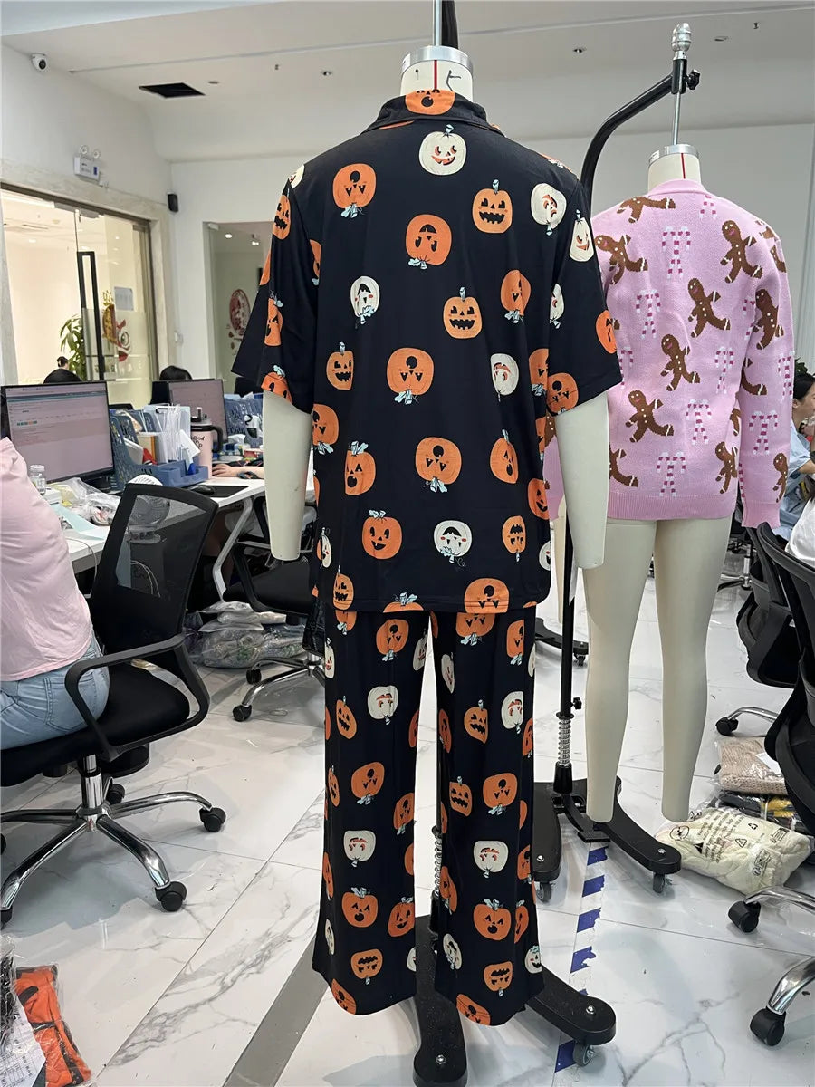 Women Halloween Pajama Sets Pumpkin Print Short Sleeve Button Closure Shirt with Elastic Waist Pants Sleepwear Loungewear Pjs