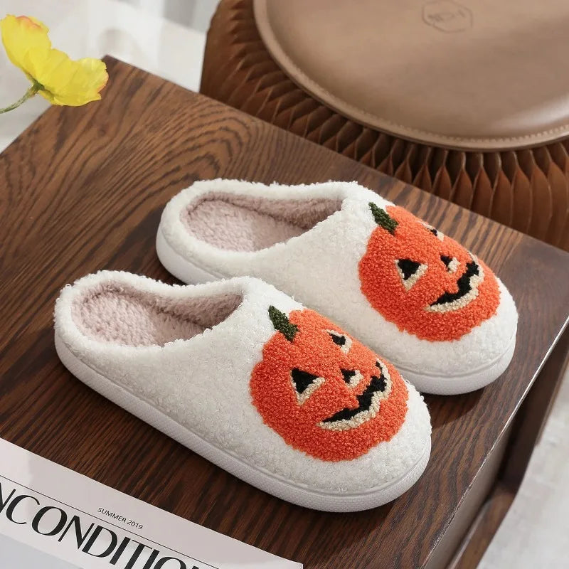 Smile Pumpkin Halloween Women's Slippers Winter Indoor Cartoon Comfort Home Bedroom Soft Causal Flat Plush Shoes for Gift