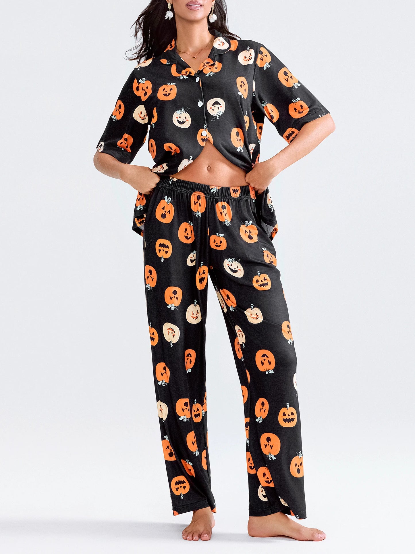 Women Halloween Pajama Set Pumpkin Print Short Sleeve Button Closure Shirt with Pants Sleepwear Loungewear