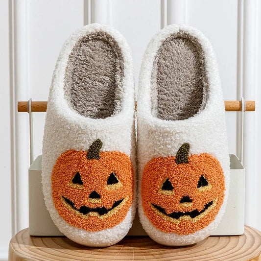 Smile Pumpkin Halloween Women's Slippers Winter Indoor Cartoon Comfort Home Bedroom Soft Causal Flat Plush Shoes for Gift