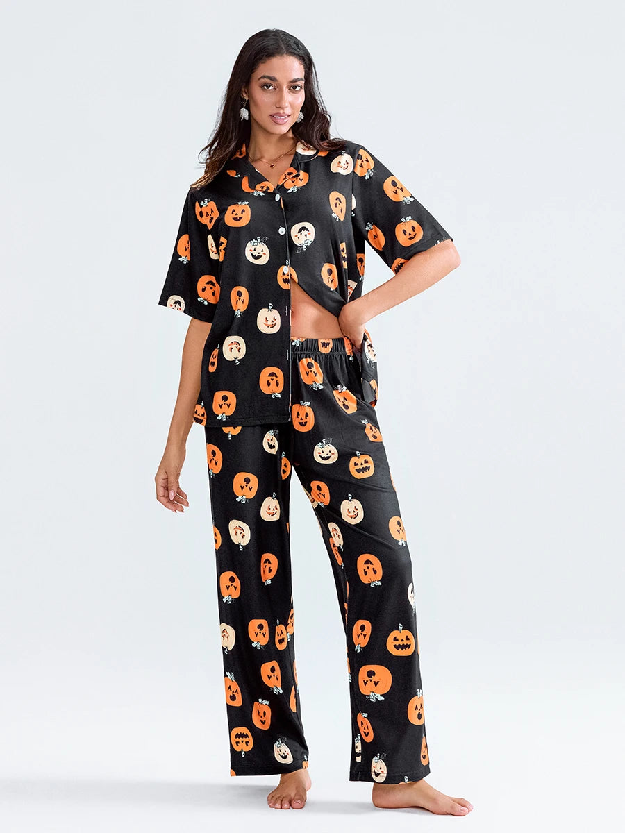 Women Halloween Pajama Sets Pumpkin Print Short Sleeve Button Closure Shirt with Elastic Waist Pants Sleepwear Loungewear Pjs