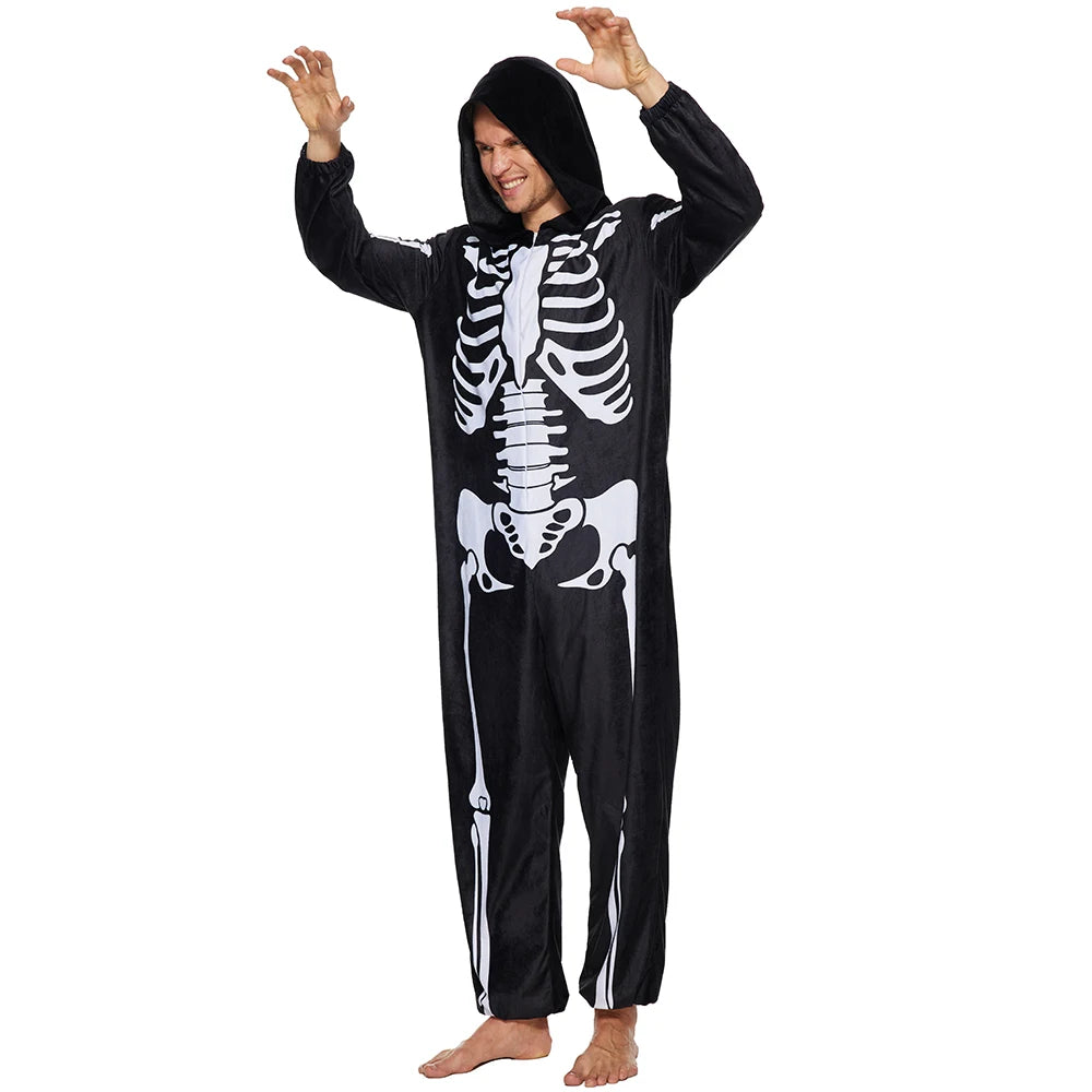 Eraspooky Adult Skeleton Pajamas Women Onesie Hooded Men Sleepwear Halloween Costume Couple Jumpsuits Carnival Purim Fancy Dress