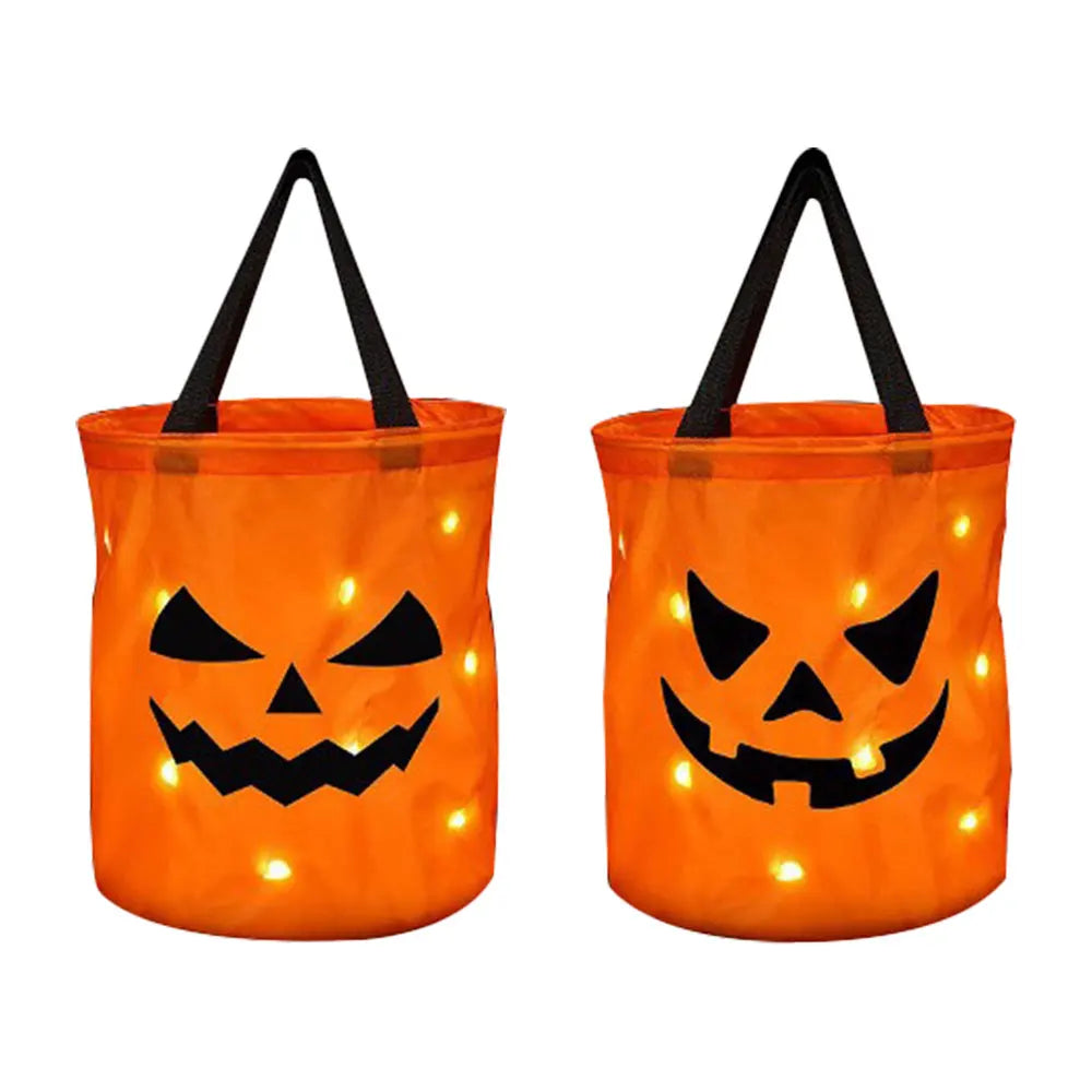 LED Light Halloween Trick or Treat Bucket Pumpkin Candy Bags Collapsible Halloween Basket for Thanksgiving Party Gift Basket