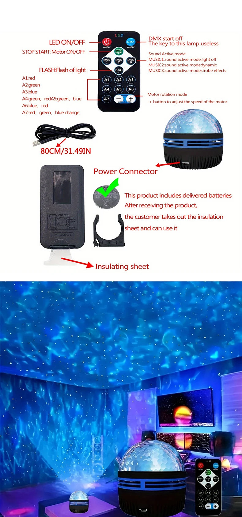 Water Ripple LED Projection Lamp With 7 Modes - Remote Controlled, Perfect For Christmas, Halloween, Ideal Festival Gift