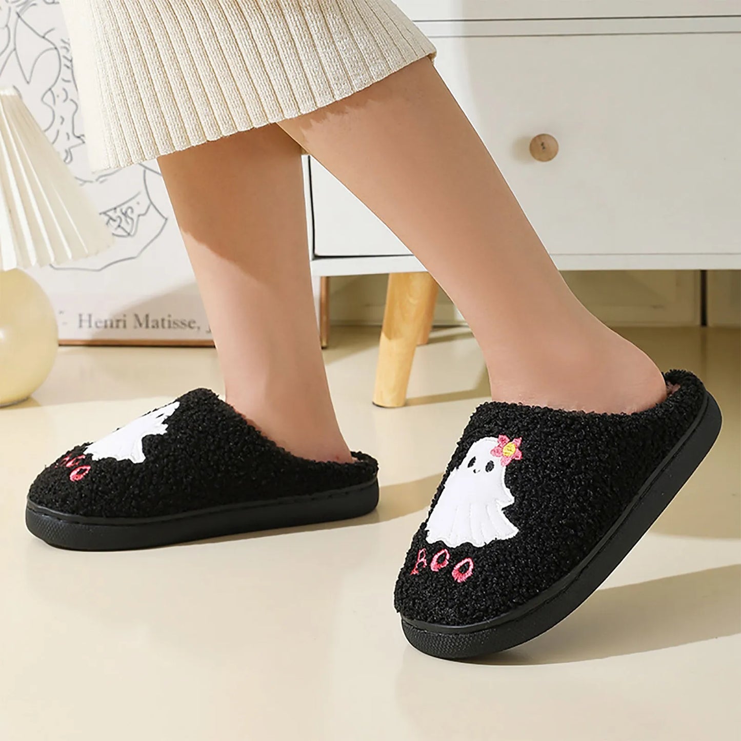 New Slippers for Women Halloween Cute Ghost Boo Print Cotton Warm Fluffy Slippers Home Platform Plush No-slip Women Home Slipper