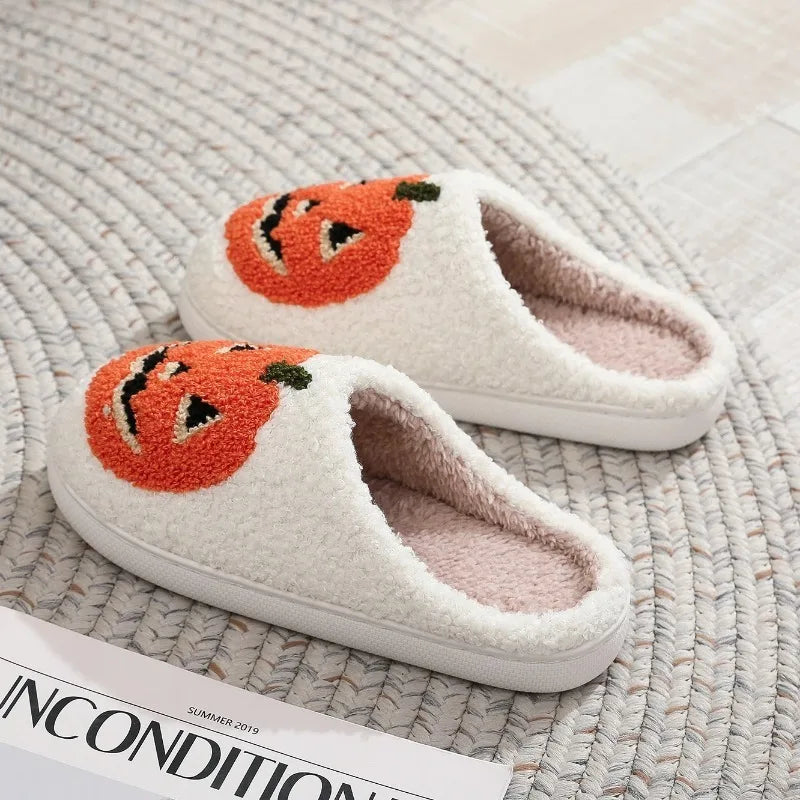 Smile Pumpkin Halloween Women's Slippers Winter Indoor Cartoon Comfort Home Bedroom Soft Causal Flat Plush Shoes for Gift