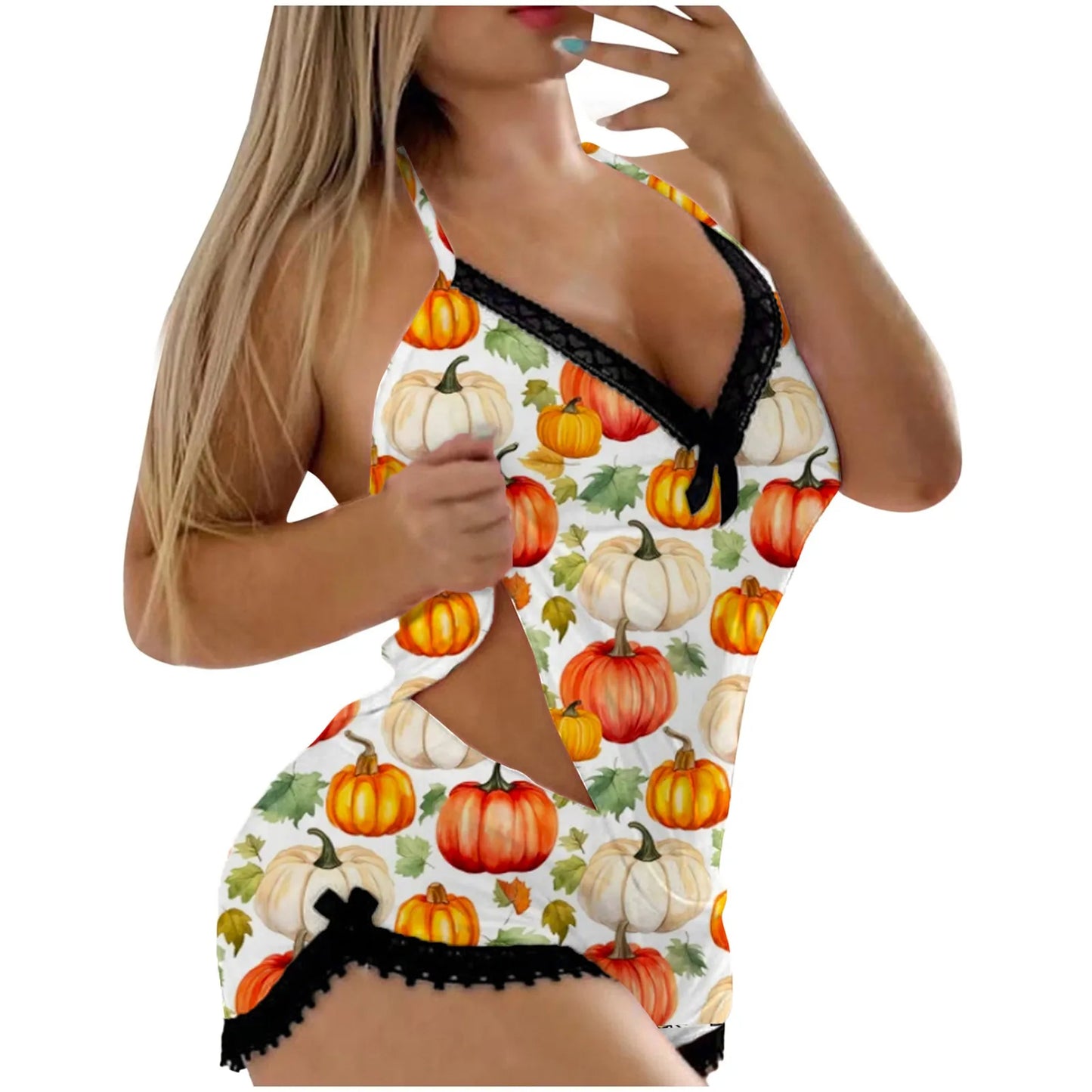 Halloween Sexy Sleepwear 2 Piece Set Women Sleeveless Crop Top Gothic Pumpkin Printed Tops Camisole Shorts Lingerie Nightwear