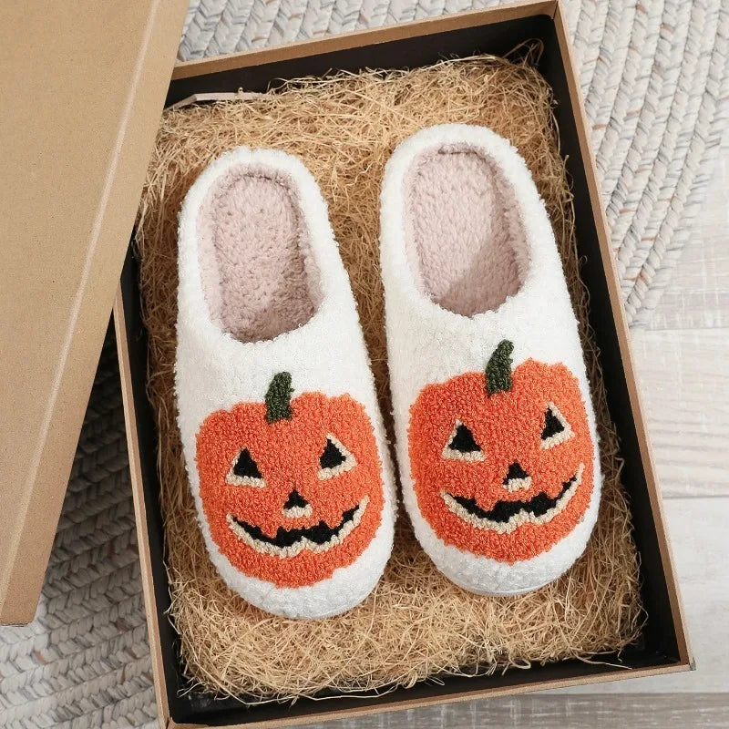 Smile Pumpkin Halloween Women's Slippers Winter Indoor Cartoon Comfort Home Bedroom Soft Causal Flat Plush Shoes for Gift