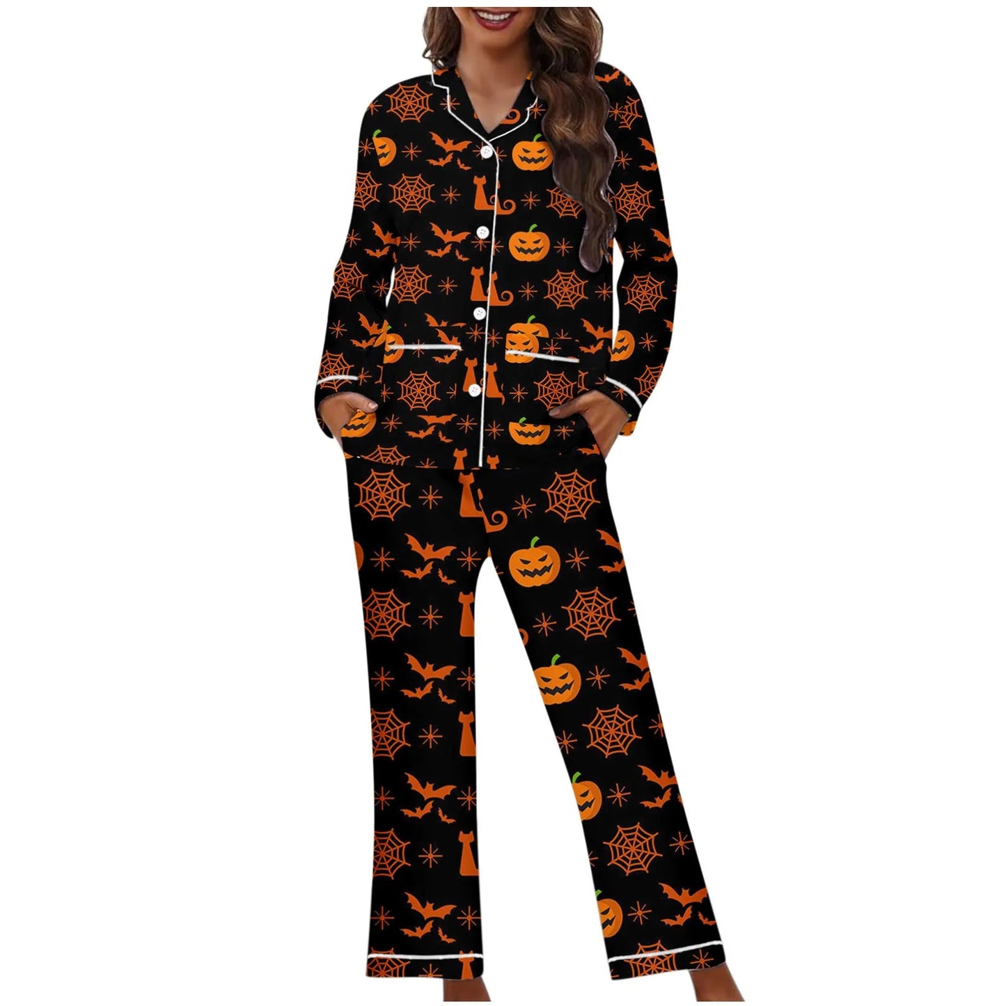 Women Halloween 2 Pieces Pajama Set Pumpkin Print Short Sleeve Button Closure Shirt with Pants Autumn Sleepwear Loungewear