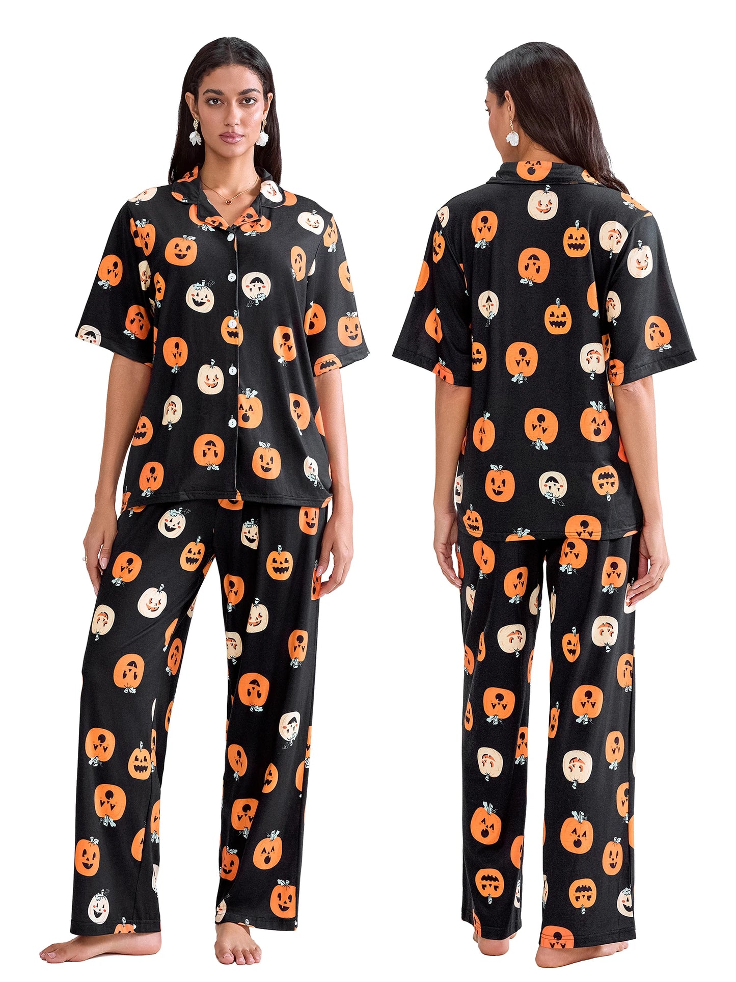 Women Halloween Pajama Set Pumpkin Print Short Sleeve Button Closure Shirt with Pants Sleepwear Loungewear