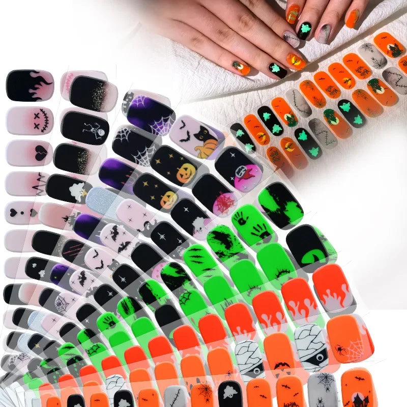 24Tips Halloween Semi Cure Nail Wraps Enhancer Luminous Nail Strips Adhesive Pumpkin Skull Gel Nails Stickers for UV Lamp Need