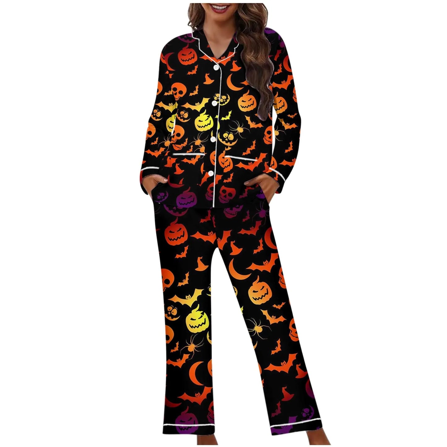 Women Halloween 2 Pieces Pajama Set Pumpkin Print Short Sleeve Button Closure Shirt with Pants Autumn Sleepwear Loungewear