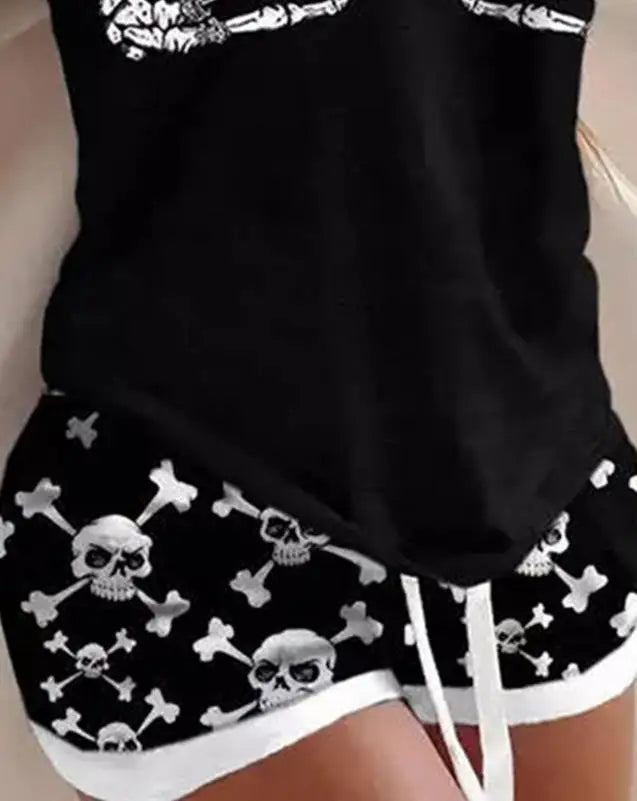 Women Pajamas 2 Pieces Halloween Skull Hands Print Casual U-Neck Sleeveless Top & Drawstring Above Knee Pajamas Set 2022 Summer