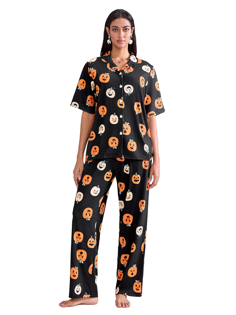 Women Halloween Pajama Sets Pumpkin Print Short Sleeve Button Closure Shirt with Elastic Waist Pants Sleepwear Loungewear Pjs