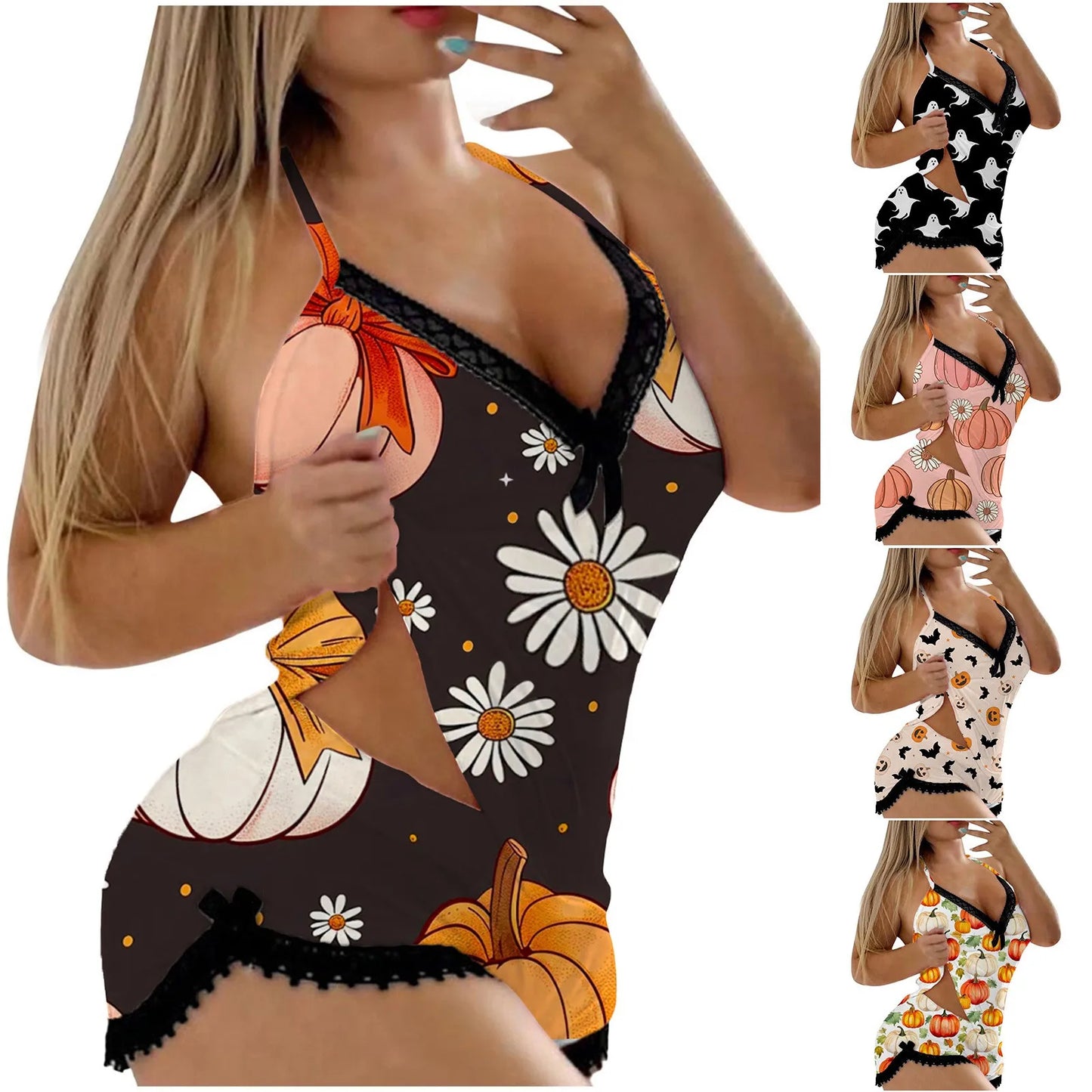 Halloween Sexy Sleepwear 2 Piece Set Women Sleeveless Crop Top Gothic Pumpkin Printed Tops Camisole Shorts Lingerie Nightwear