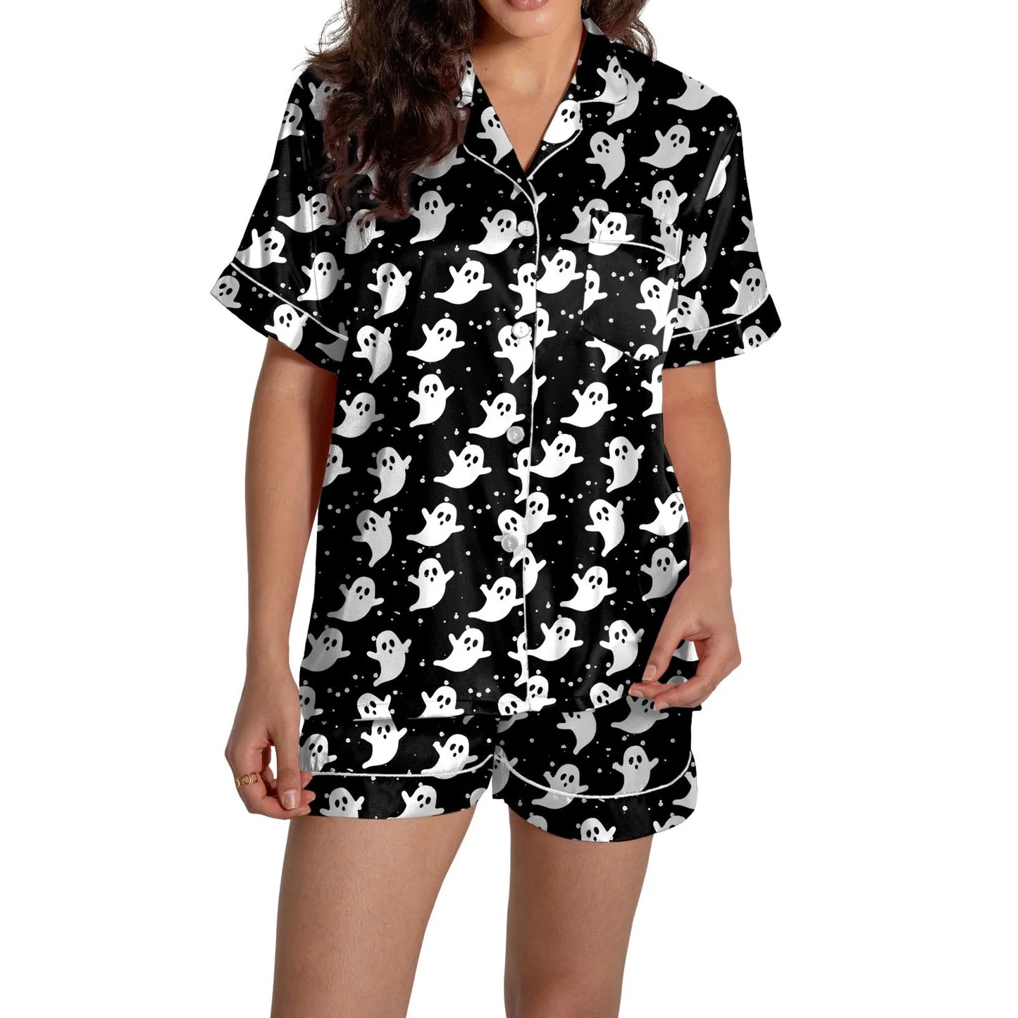 Women Halloween Pajama Set Ghost Pumpkin Print Short Sleeve Button Closure Top with Shorts 2 Pieces Outfits Sleepwear Loungewear