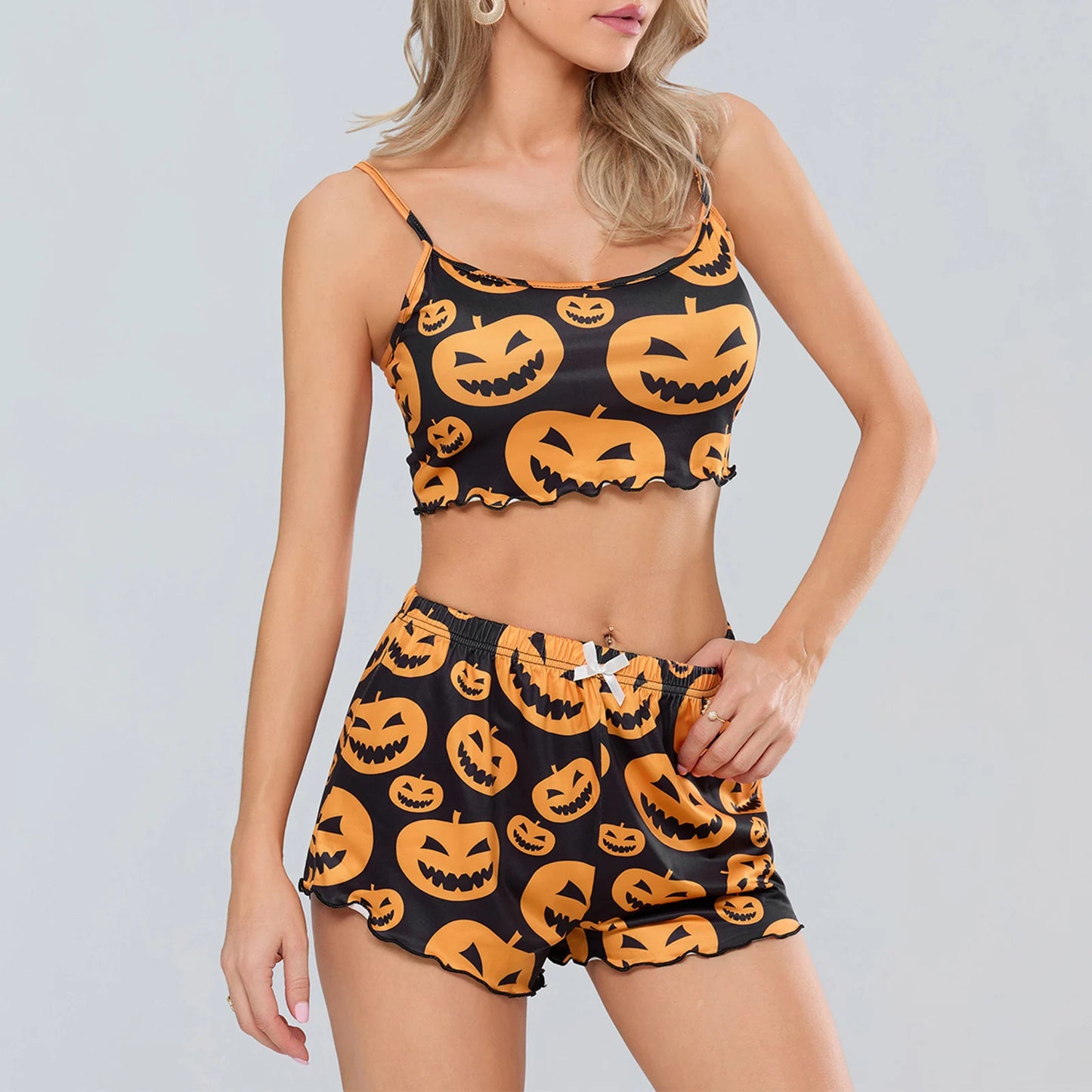 Women's Halloween Pajamas Sets Sexy Pumpkin Print Sleeveless Cami Tops with Elastic Waist Shorts Loungewear Sleepwear Outfits