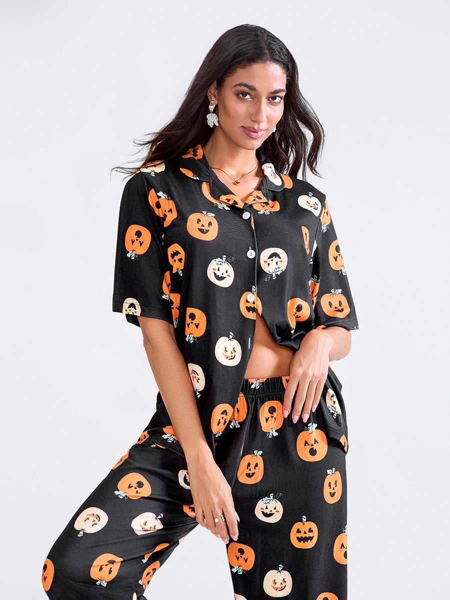 Women Halloween Pajama Sets Pumpkin Print Short Sleeve Button Closure Shirt with Elastic Waist Pants Sleepwear Loungewear Pjs