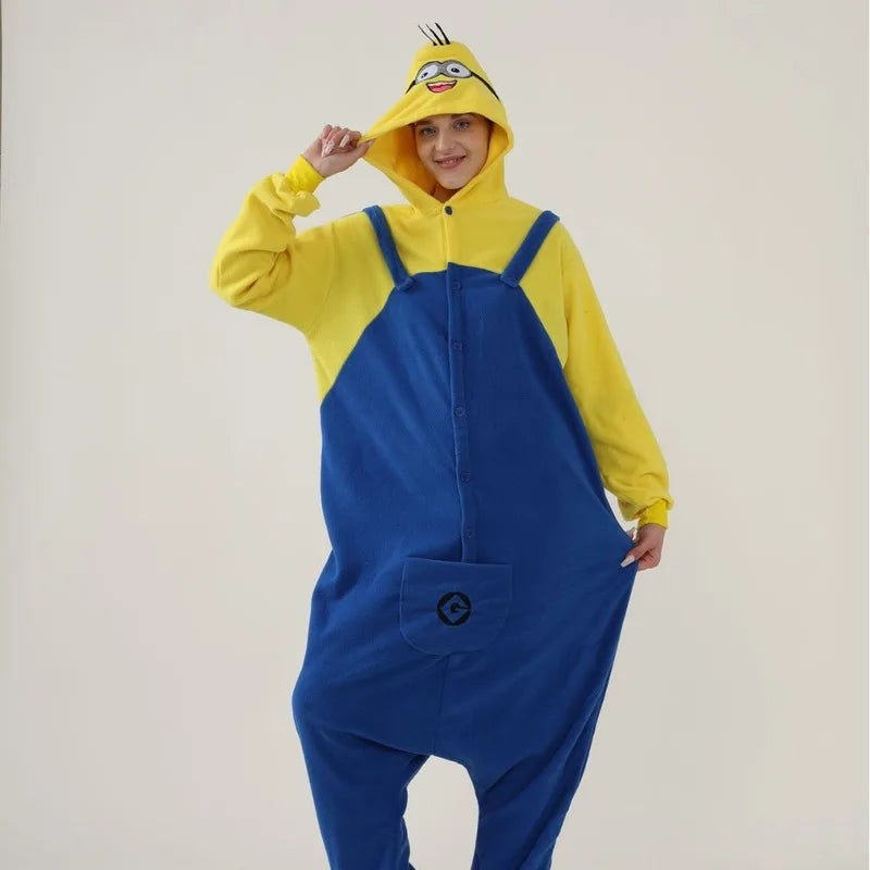 Anime Cartoon Jumpsuit Minions Fleece Pajamas Adult Home Clothes Halloween Costume Dress Up Party Clothing Surprise Gift