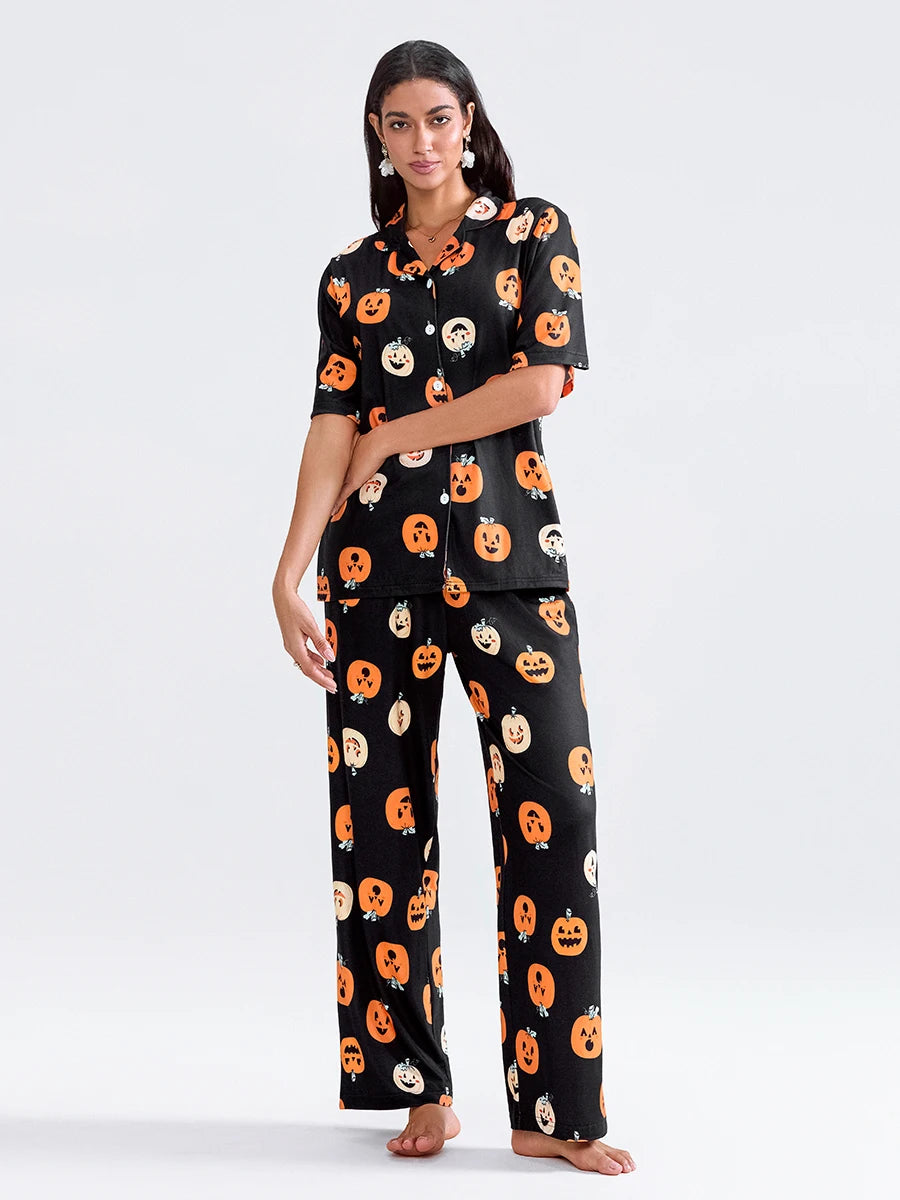 Women Halloween Pajama Sets Pumpkin Print Short Sleeve Button Closure Shirt with Elastic Waist Pants Sleepwear Loungewear Pjs