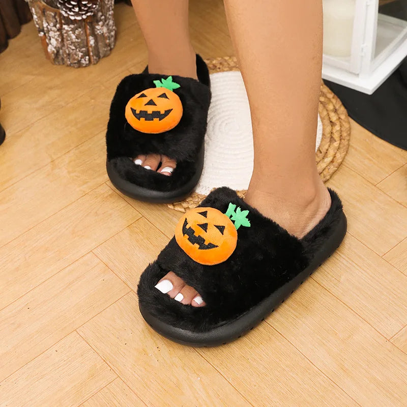 Halloween Pumpkin Slippers Women Men Finger Embroidery Spiders Warm Cotton Slippers Plush Anti Slip Resistant Couple Slippers