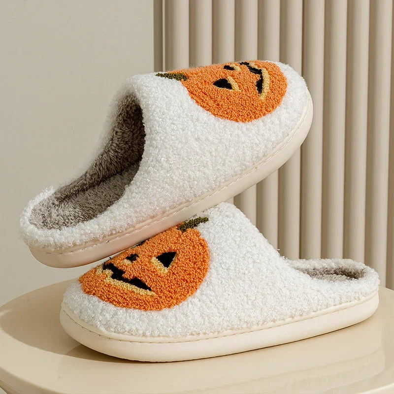 Smile Pumpkin Halloween Women's Slippers Winter Indoor Cartoon Comfort Home Bedroom Soft Causal Flat Plush Shoes for Gift