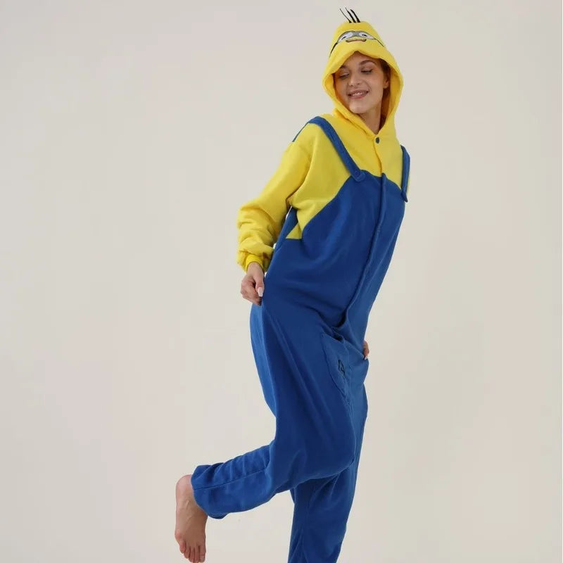 Anime Cartoon Jumpsuit Minions Fleece Pajamas Adult Home Clothes Halloween Costume Dress Up Party Clothing Surprise Gift