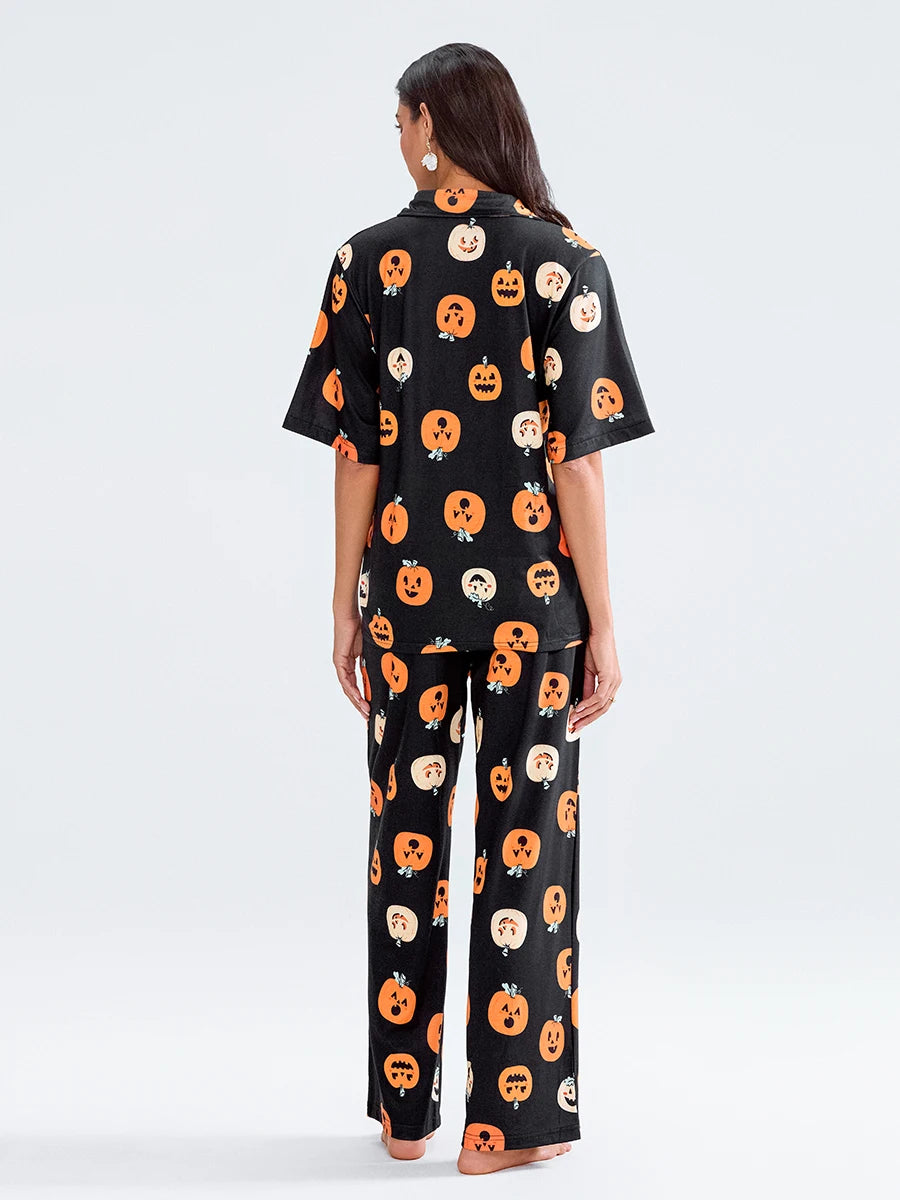 Women Halloween Pajama Sets Pumpkin Print Short Sleeve Button Closure Shirt with Elastic Waist Pants Sleepwear Loungewear Pjs