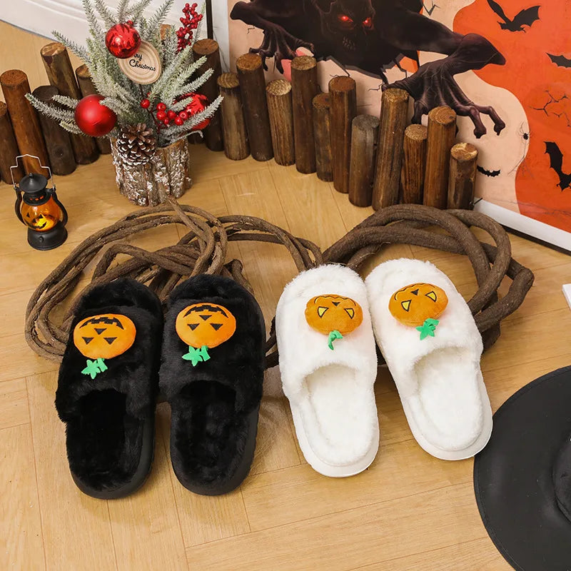 Halloween Pumpkin Slippers Women Men Finger Embroidery Spiders Warm Cotton Slippers Plush Anti Slip Resistant Couple Slippers