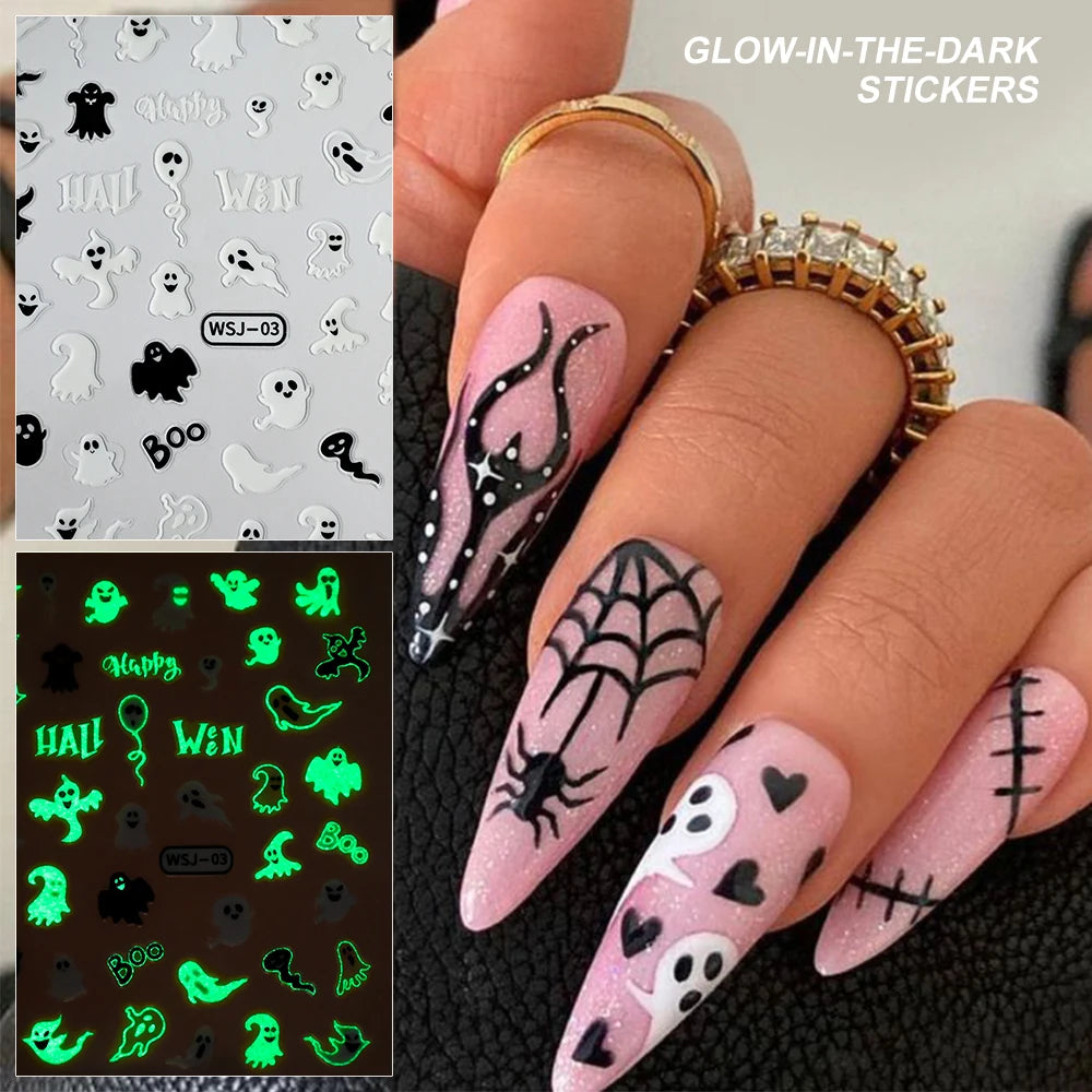 1PCS Glow In The Dark Halloween Nail Art Sticker Luminous 3D Adhesive Slider Spider Web Sliders Skull  Manicure Decal Decoration