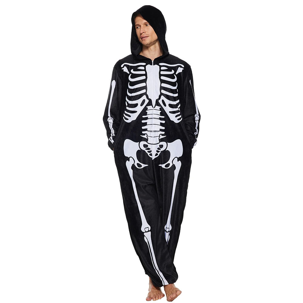 Eraspooky Adult Skeleton Pajamas Women Onesie Hooded Men Sleepwear Halloween Costume Couple Jumpsuits Carnival Purim Fancy Dress