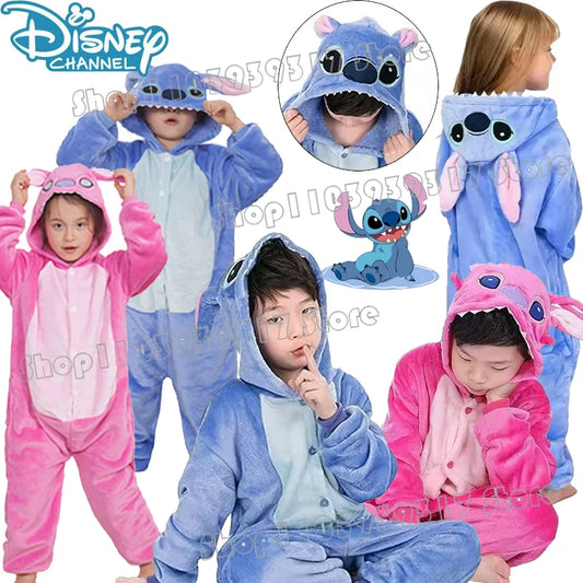 2024 Disney Stitch Pajama Anime Cartoon Cute Kids Flannel Costumes for Boys and Girls Cosplay Halloween Hooded Pajama Sets