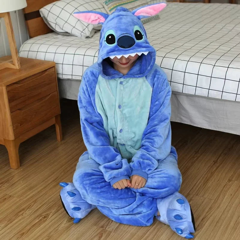 Disney Stitch Winter Adult Jumpsuit Men's and Women's Sleepwear Set Integrated Halloween Christmas Hooded Cartoon Jumpsuit