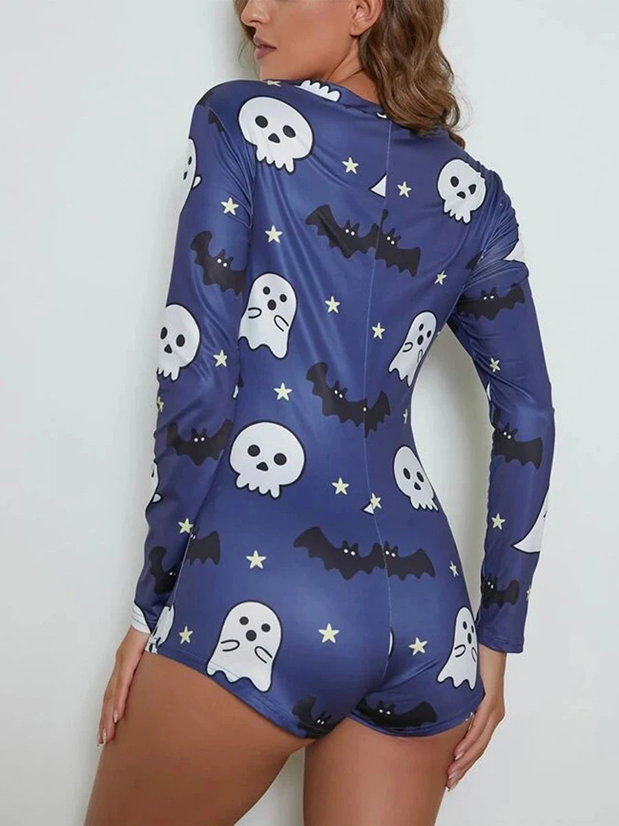 Women s Halloween Pajamas Romper Long Sleeve Deep V Neck Jumpsuit Shorts Loungewear Cosplay Outfit