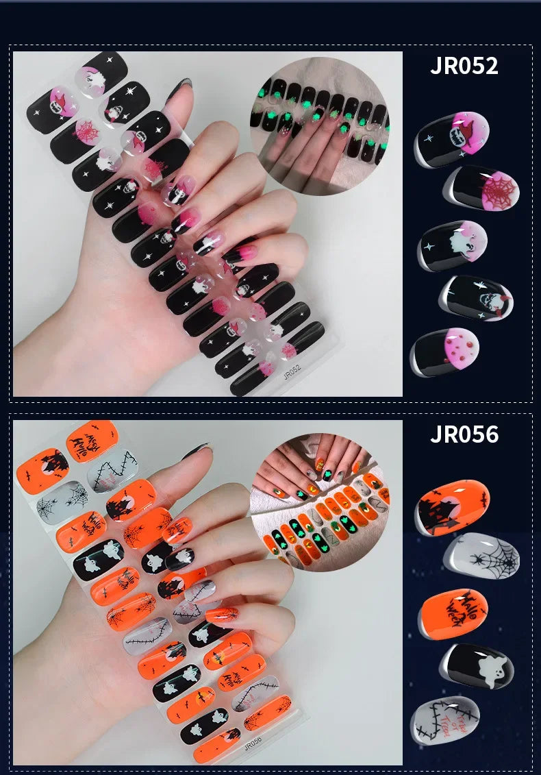 24Tips Halloween Semi Cure Nail Wraps Enhancer Luminous Nail Strips Adhesive Pumpkin Skull Gel Nails Stickers for UV Lamp Need