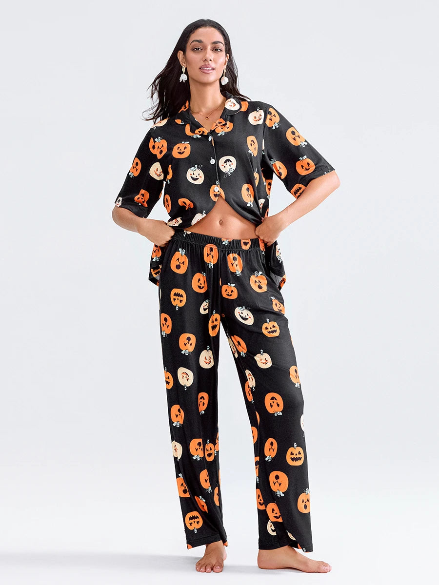 Women Halloween Pajama Sets Pumpkin Print Short Sleeve Button Closure Shirt with Elastic Waist Pants Sleepwear Loungewear Pjs