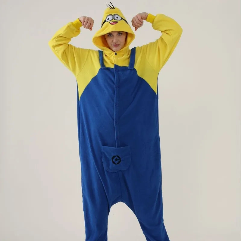 Anime Cartoon Jumpsuit Minions Fleece Pajamas Adult Home Clothes Halloween Costume Dress Up Party Clothing Surprise Gift