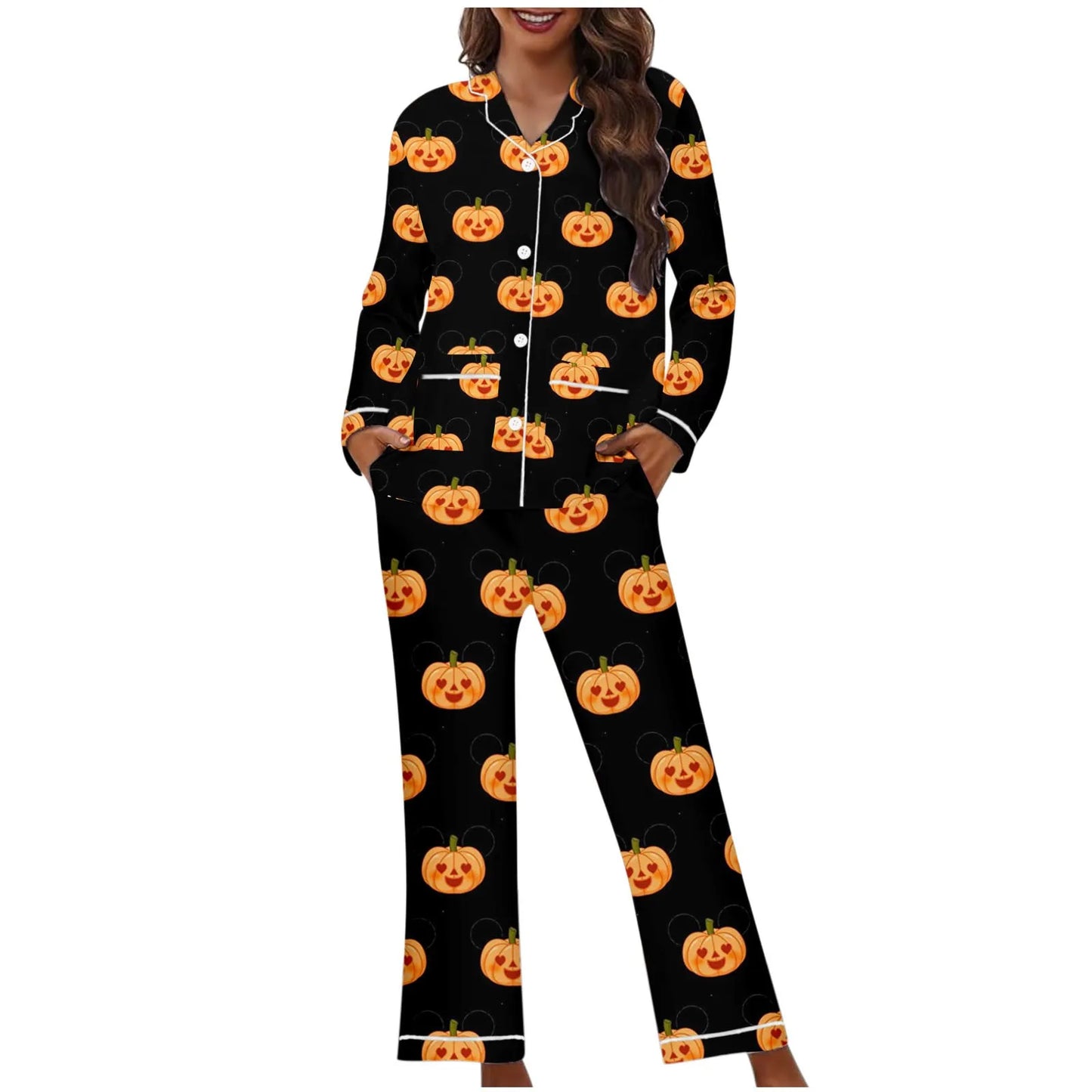 Women Halloween 2 Pieces Pajama Set Pumpkin Print Short Sleeve Button Closure Shirt with Pants Autumn Sleepwear Loungewear